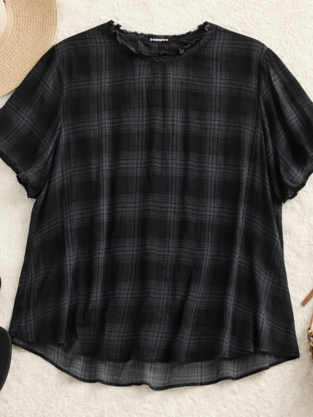 torrid Black Grey Plaid Short Sleeve Ruffle Neck Blouse